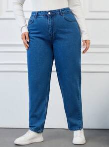 EURMUSE Plus Size High Waisted Tapered Leg Jeans - Blue - View 5