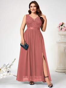 大码深V领亮片花卉蕾丝雪纺无袖正式派对连衣裙 夏季优雅 - 藕粉色 - 查看 7