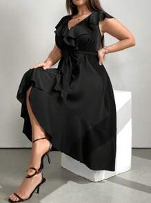 SHEIN Clasi Vestido largo de fiesta de talla grande con cuello en V, detalle de volantes y unicolor para mujer - Negro - Ver 4