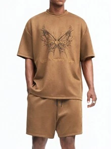 Manfinity NXTstreet Men Spring/Summer Casual Butterfly Printed Letter Embroidered Short Sleeve T-Shirt And Shorts Set - Brown - View 3