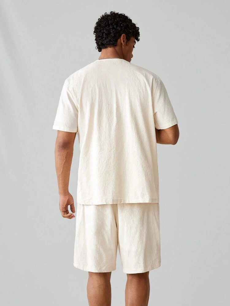 Men's Fashionable Knitted Casual Casual Solid Color Short Sleeve Shirt And Shorts Set, Daily Wear