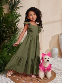 SHEIN SLAYR KIDS Young Girl Chetekola Music Festival Woven Solid Color Square Neck Sleeveless Long Dress,Summer Dress Holiday Outfits - Army Green - View 6