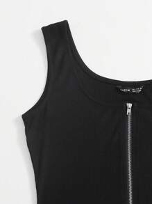 SHEIN Essnce Zipper Front Rib-Knit Black Tank Bodysuit - Black - View 5