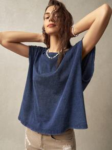 Bohemela Women's Summer Solid Color Round Neck Batwing Short Sleeve Casual T-Shirt For Vacation - Blue - View 7