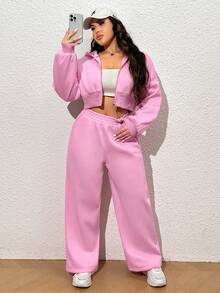 CovetEZ Plus Size Pink Hooded Sweatshirt And Long Pants Set - Pink - View 5