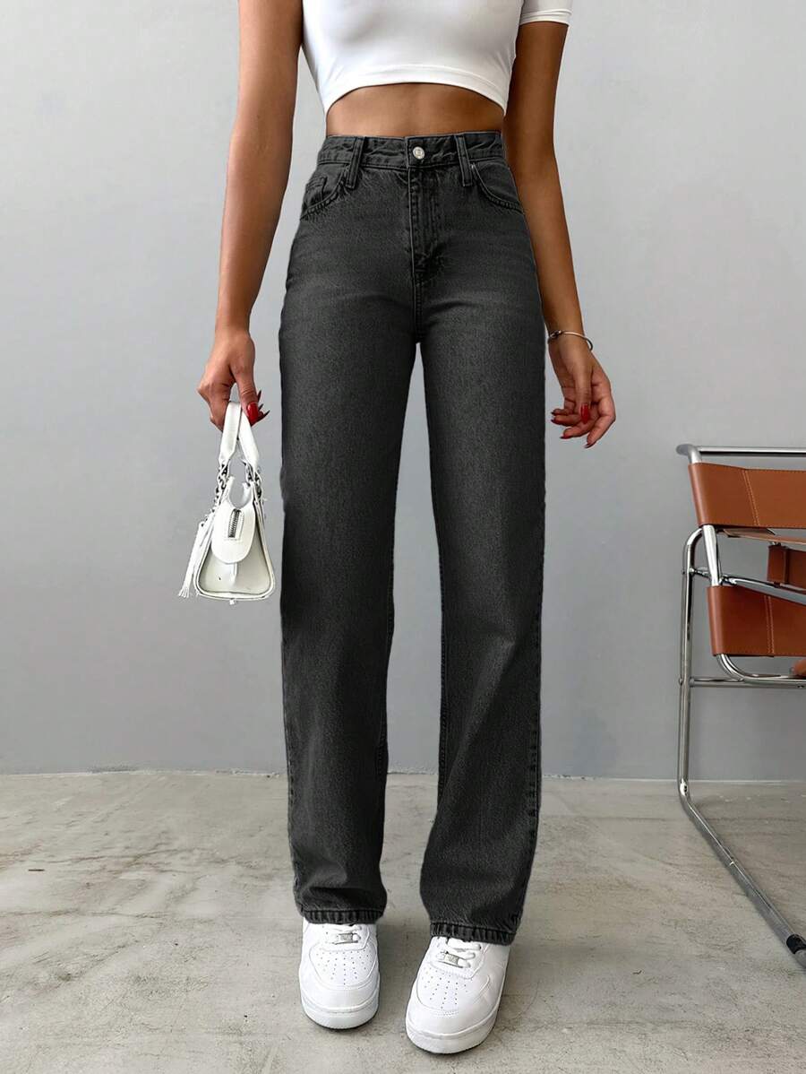 EURMUSE 100%Cotton Slant Pocket Casual Straight Cut Jeans - Grey - View 1