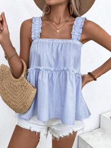 Chiquease Women's Striped Holiday Casual Tank Top With Ruffle Trim
