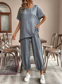 SHEIN LUNE Damen Sommer Outfit aus loser Leinen Bluse und Haremshose Zweiteiler - Grau - Übersicht 6
