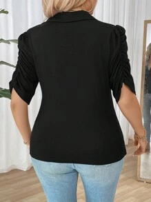 Calvaya 大码优雅短袖针织 T 恤，带褶皱，适合工作 - 黑色 - 查看 2