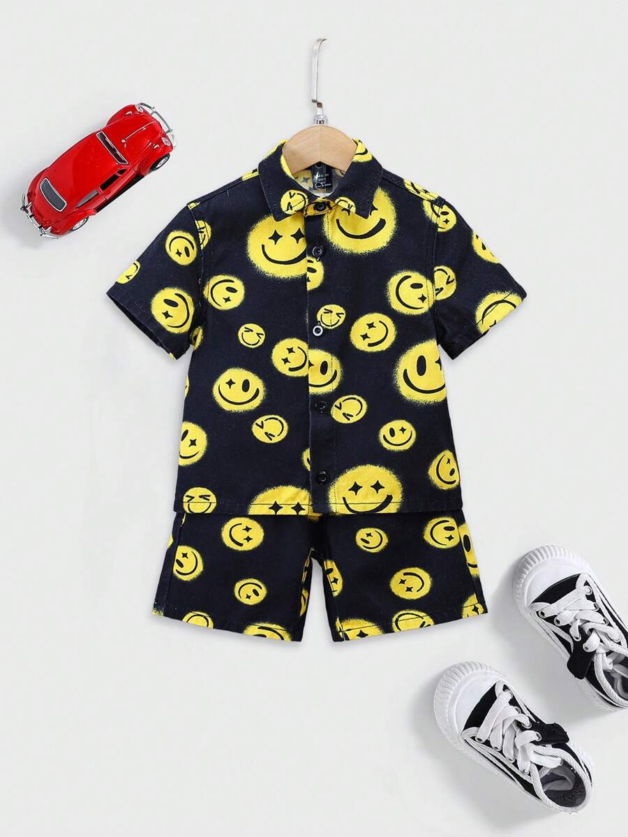 SHEIN 男童2入組黑色時尚休閒趨勢可愛表情印花牛仔襯衫頂部和鬆身牛仔彈性腰短褲，舒適寬鬆牛仔短褲，兒童服裝男童適用於度假和日常穿著，開學季服裝