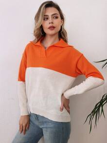 拼色立領套頭長袖休閒毛衣