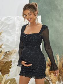 长袖方领闪亮性感孕妇优雅连衣裙，适合派对 - 黑色 - 查看 5