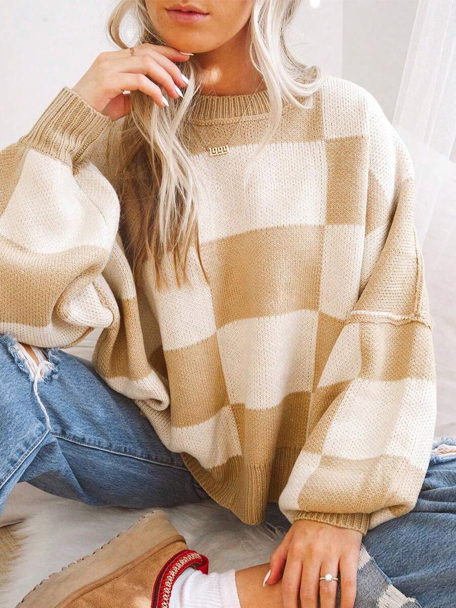 Plaid Bishop Sleeve Elegant Sweater, Long Sleeve Top - Khaki - View 1
