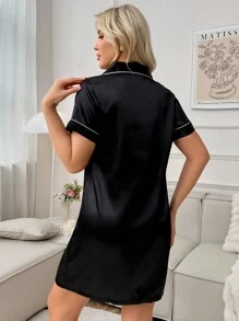 LuxeNights Contrast Trim Embroidery Lapel Open Front Ladies' Pajama Night Dress With Pockets Luxeloungewear, Moo Moo Night Dress - Black - View 2