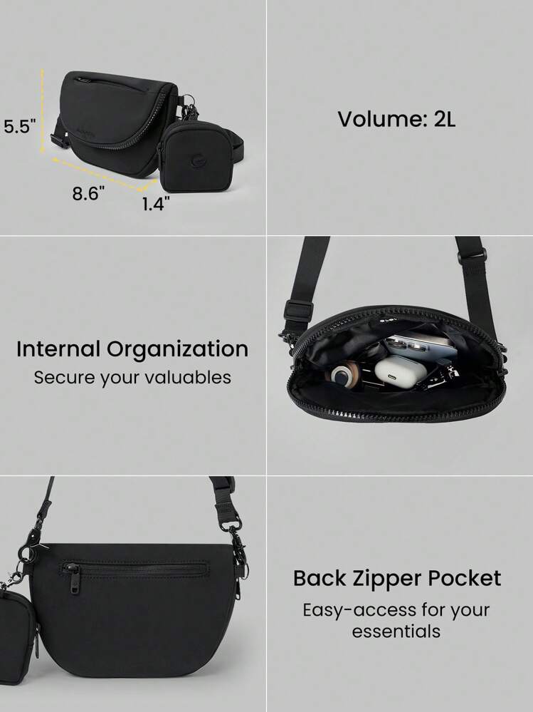 GLOWMODE Bolso con correa para el hombro repelente al agua y fácil de transportar con bolsillo nanoclip - Negro - Añade 4