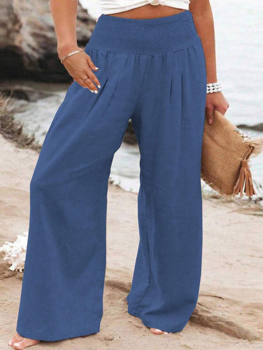 SHEIN Holidaya Pantalones casuales sólidos de color simple para mujeres de talla grande para uso diario - Azul - Ver 1
