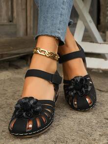 Sandalias de plataforma de cuña con punta cerrada para mujer de estilo nuevo de verano con plataforma negra impermeable - Negro - Ver 3