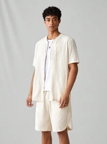 Manfinity VCAY Men's Fashionable Knitted Casual Casual Solid Color Short Sleeve Shirt And Shorts Set, Daily Wear - Beige - View 5