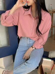 DAZY 简约风格商务休闲纯色衬衫，秋季女装长袖上衣 - 西瓜粉 - 查看 5