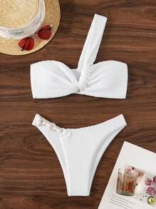SHEIN Swim 女士纯色扭纹单肩性感比基尼套装，适合度假夏季 - 白色 - 查看 5