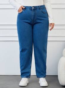 EURMUSE Plus Size High Waisted Tapered Leg Jeans - Blue - View 1