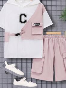 SHEIN Tween Boy Loose Fit Casual Hooded 2 In 1 T-Shirt And Shorts Set - Pink - View 6
