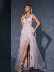 Rochie de domnișoară de onoare fără mâneci, cu suprapunere de plasă, cu crăpături înalte și aplicații decorative, rochie de seară - Roz - Vizualizare 3