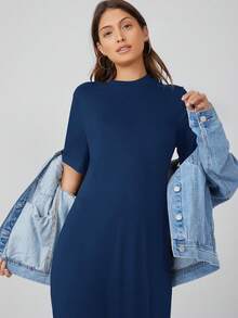 SHEIN BASICS Đầm chữ A tay ngắn cổ tròn màu trơn có túi, trang phục thường ngày mùa hè - Màu xanh hải quân - Xem 4