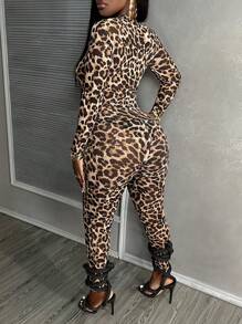 Slaydiva Sexy Leopard Print Stand Collar Long Sleeve Mesh Unitard Jumpsuit - Multicolor - View 2