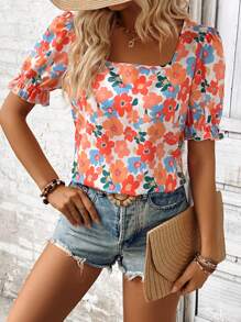 Breezaya Camisa floreada de manga abullonada y cuello ancho para mujer, holgada para vacaciones - Multicolor - Ver 6