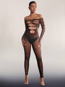 Hauture Lace Body Print Jumpsuit Rave Festival Outfit - Black - View 5