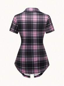 EMERY ROSE AB Plaid Splicing Turn-Down Collar Short Sleeve Tee, 2 In 1 Graphic Tees Women Tops - Multicolor - View 2