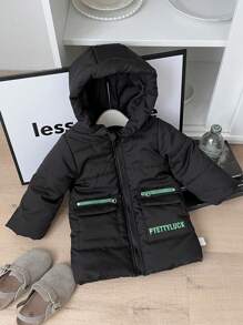 男宝宝冬季中长款休闲时尚加厚保暖棉衣 - 黑色 - 查看 1