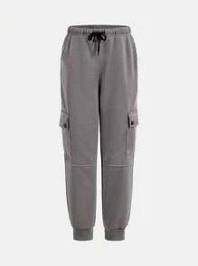 SHEIN Bermudas Casuais Esportivas e de Trabalho com Bolsos de Carga e Cintura com Cordão em Cor Lísa para Adolescentes Meninos