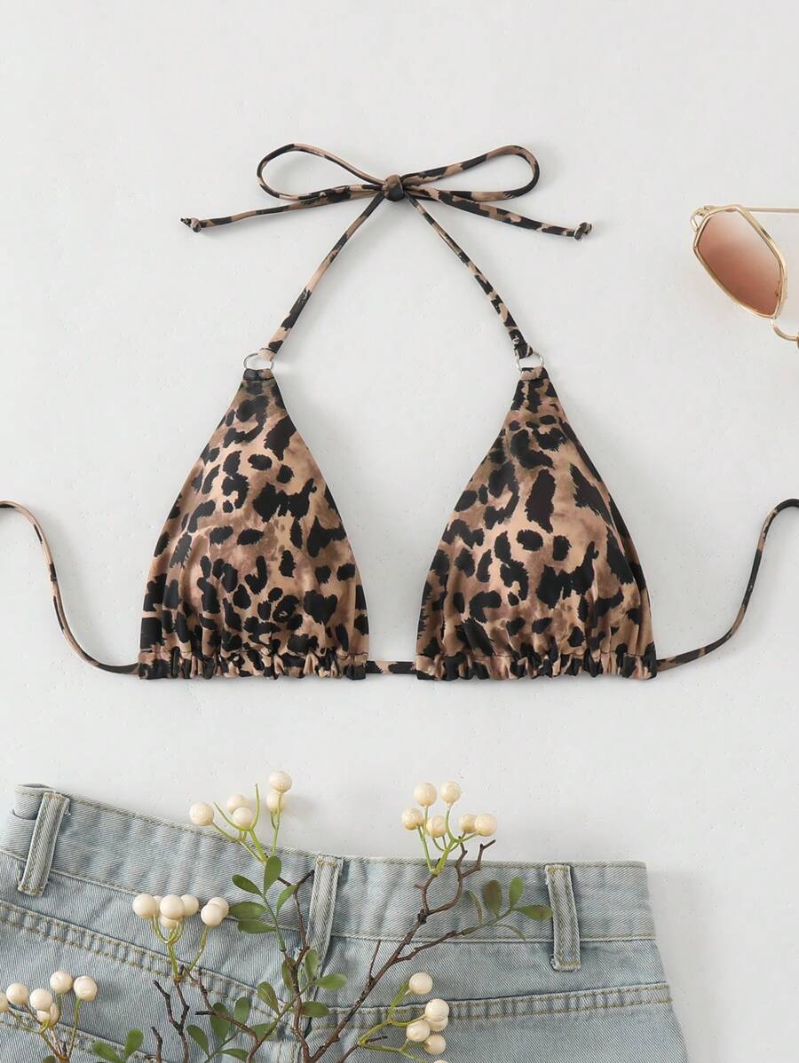 Women's Summer Beach Leopard Print Halter Neck Back-Tie Bikini Top, Random Print - Multicolor - View 1