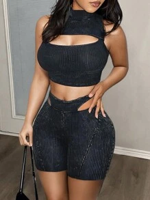 Slaydiva 2-Piece Casual Sexy Ribbed Print Solid Color Hollow-Out Cropped Tank Top And High Waisted Shorts Set For Women, Suitable For Summer - Black - View 6