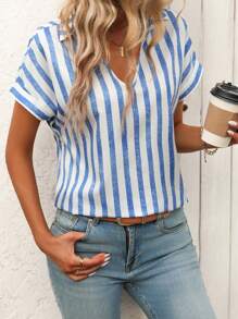 SHEIN LUNE Women's Color-Block Blue & White Striped Short-Sleeved Button-Down Shirt - Blue and White - View 4