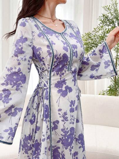 Al Najma 女士花卉印花系带侧撞色编织边阿拉伯朴素长袖连衣裙