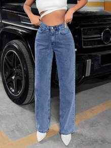 RueChic High Waist Straight Leg Jeans - Medium Wash - View 4