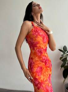 Firerie Vestido largo y elegante con estampado floral, diseño de cola de pez con dobladillo retorcido y un solo hombro, adecuado para vacaciones, citas y festival de música para mujeres