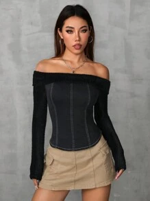 Áo dệt kim denim lệch vai - Màu xám đen - Xem 4