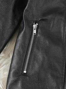 SHEIN Young Girls 1pc Black Faux Leather Jacket With Turn-Down Collar, Front Buttoned Opening With Black Copper Auto Puller Zipper, 3 False Pockets With Black Auto Head And Closed End Zipper, For Street Style, Autumn And Winter - Black - View 3