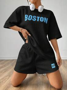SHEIN EZwear Czarny damski dres o luźnym kroju z nadrukiem - Czarne - Zobacz 4