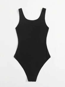 SHEIN Essnce Zipper Front Rib-Knit Black Tank Bodysuit - Black - View 2