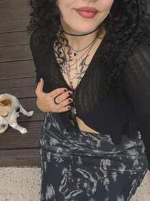 INAWLY Tie Front Crop Cardigan - Black - View 7