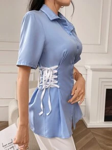 Modelyn 女款純色簡約日常短袖襯衫 - 藍色 - 查看 3