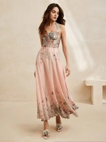 Anewsta 夏季优雅蝴蝶花卉印花束腰吊带连衣裙