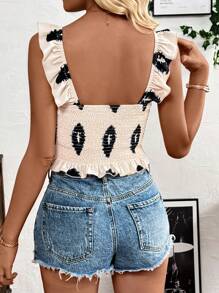SHEIN LUNE Women's Vacation Style Top With Ruffled Straps, Random Print - Apricot - View 2