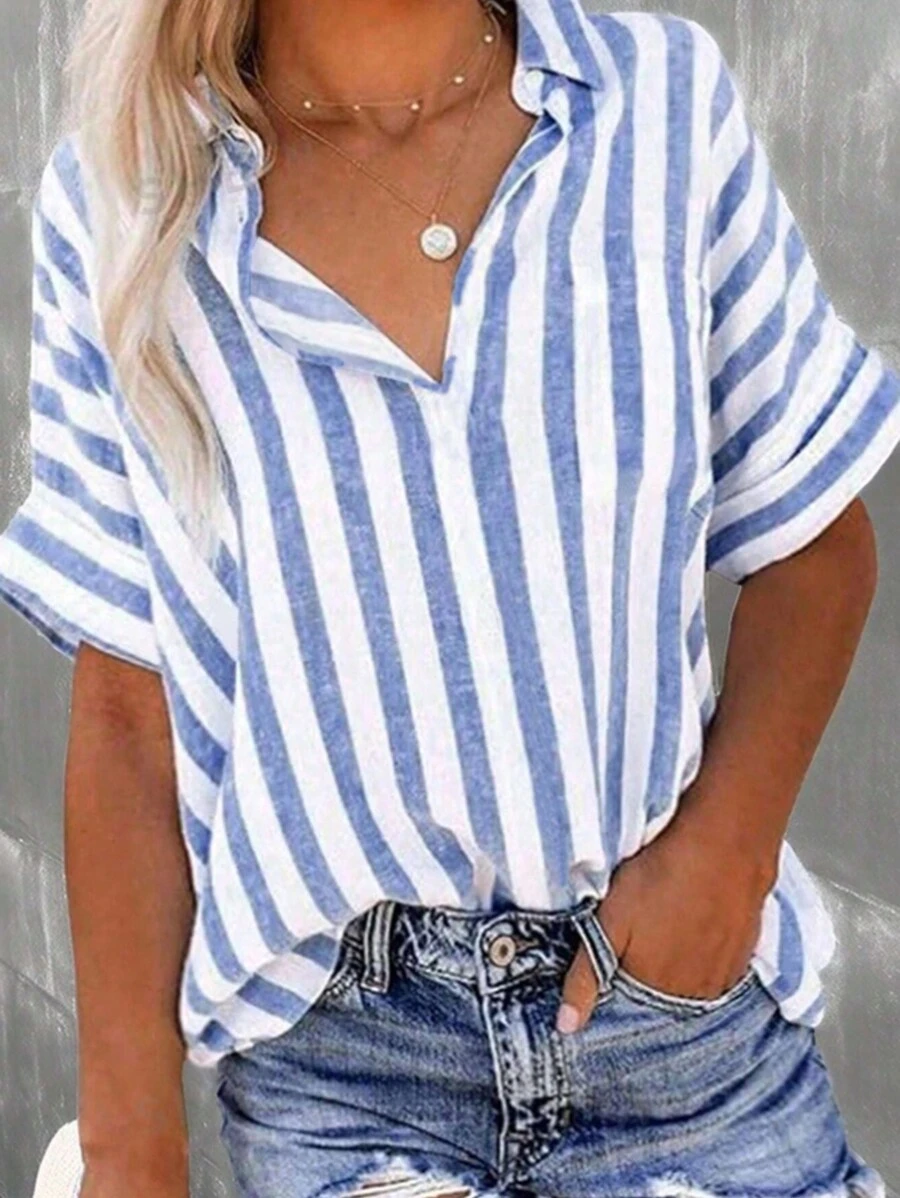 SHEIN LUNE Women's Color-Block Blue & White Striped Short-Sleeved Button-Down Shirt - Blue and White - View 1