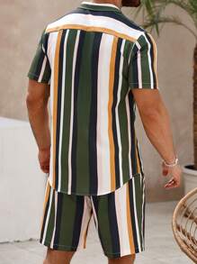 Manfinity RSRT Men's Casual Color Block Striped Short Sleeve Shirt And Shorts Set, Going Out - Multicolor - View 2